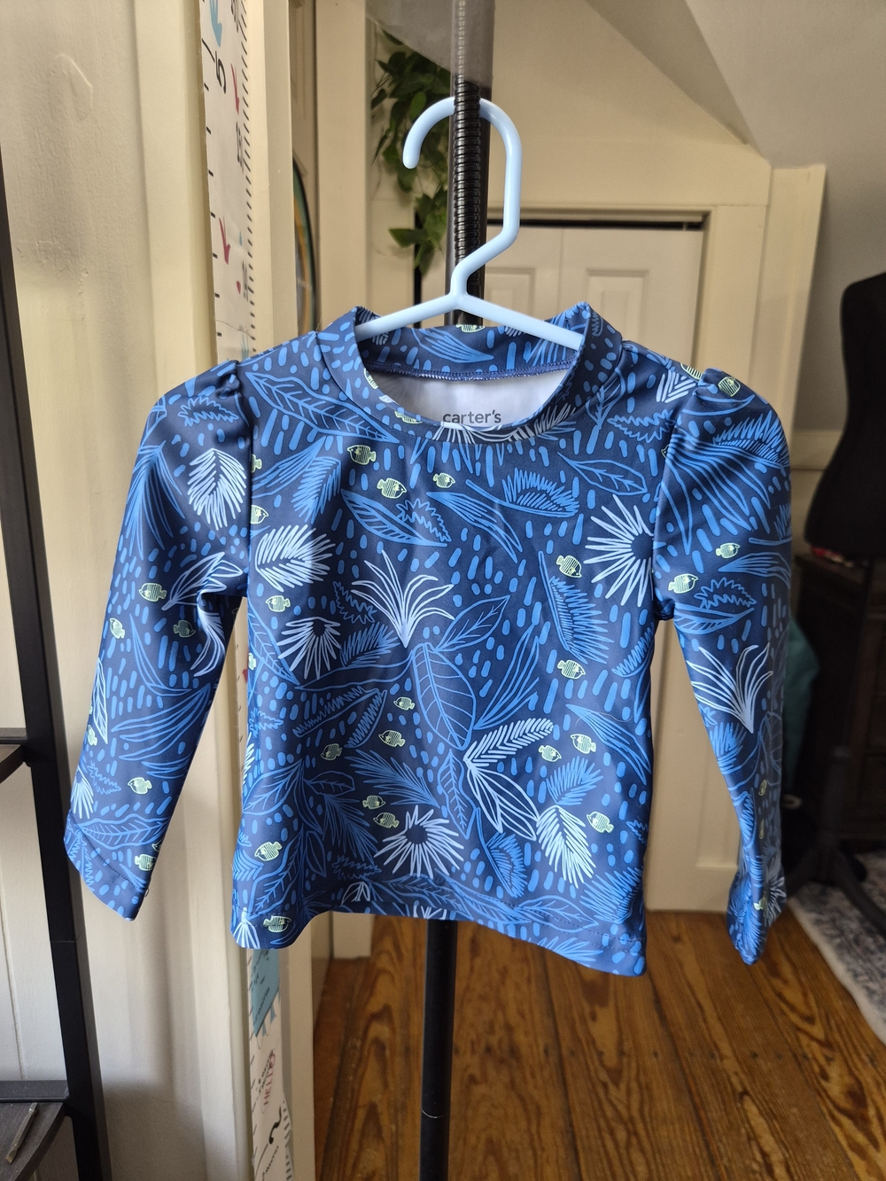 Carter's Blue and Light Green Leaf-Print Long-Sleeve Swim Top